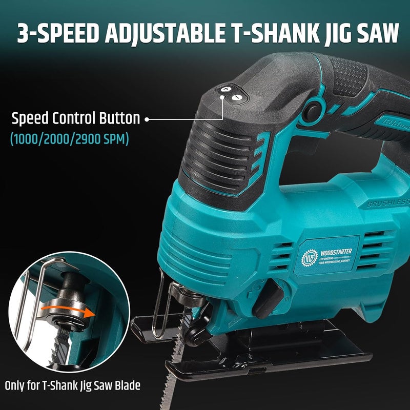 WOODSTARTER منشار جيج لاسلكي مع محرك بدون فرش، 3 إعدادات سرعة قابلة للتعديل، زاوية قطع 45°-90°، متوافق مع شفرات على شكل T، يتضمن ميزة نفخ الغبار (مع بطارية وشاحن) - Image 3